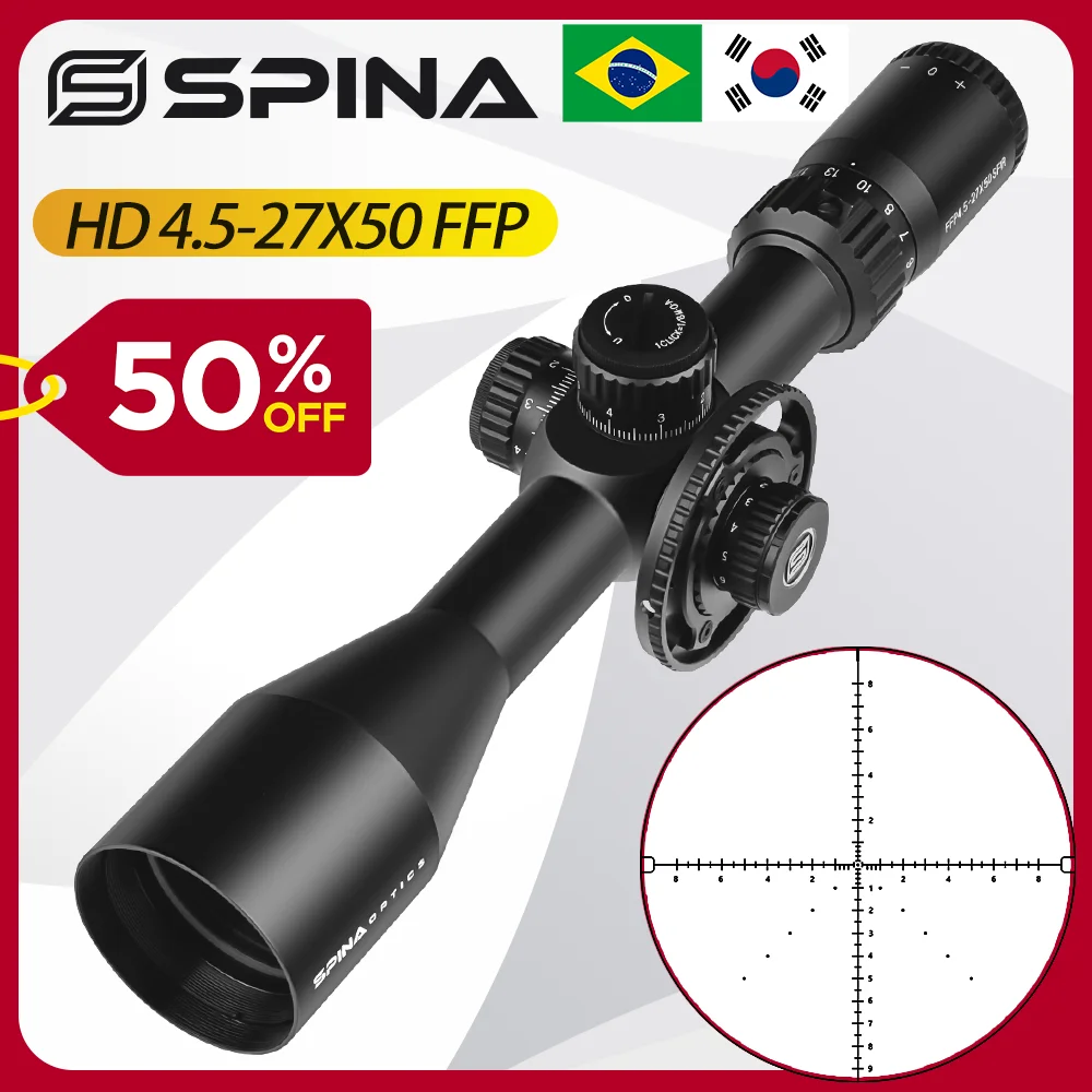 SPINA Optics HD 4.5-27X50 FFP Hunting Rifle Scope Illuminated Riflescope Tactical Glass Etched Reticle Optical Sights QD Mount