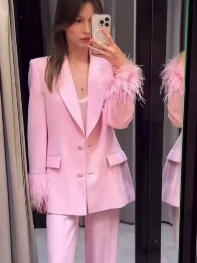 

Elegant Feather Patchwork Jacket Loose Long Pants Set Women Lapel Blazer Coat Straight Trousers Suits 2025 New Lady Pink Outfits