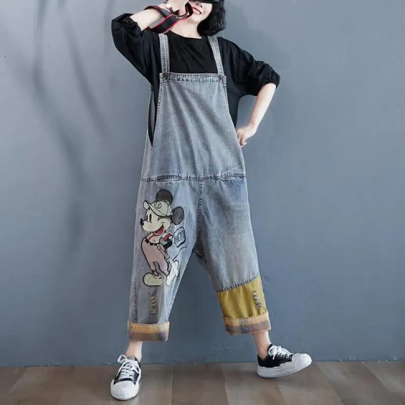 Mickey Cartoon Embroidery Spring Summer Denim Overalls for Women Big Pockets Loose Long Jeans Jumpsuits Sleeveless Suspenders