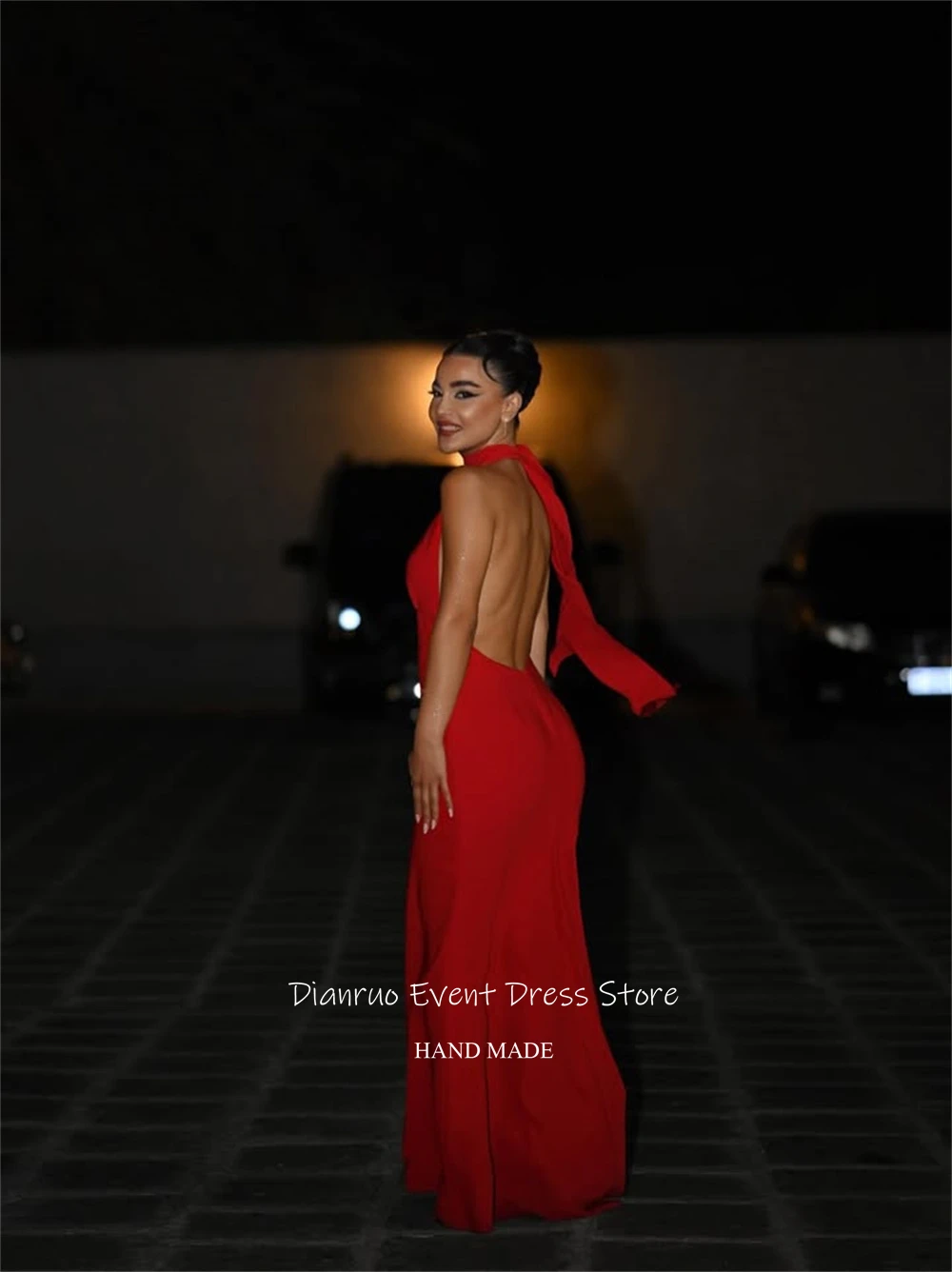 Dianruo فساتين سهرة مثيرة بدون ظهر باللون الأحمر عميق على شكل حرف V من الشيفون رداء حفلات رسن العنق حورية البحر للنساء حسب الطلب #2