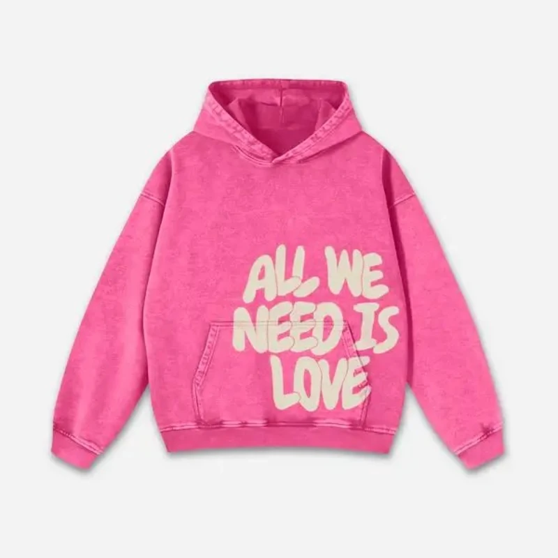 

Розовая стираная толстовка с капюшоном и принтом «All We Need Is Love» Slim Fit, толстовка в винтажном стиле с длинными рукавами
