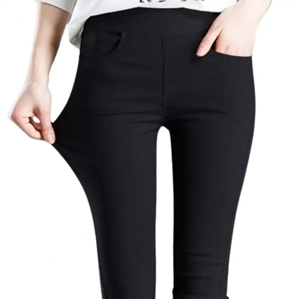 Office Lady Elastic High Waist Solid Color Trousers Summer Thin Female Clothing Casual Pockets Slim Nine Points Straight Pants