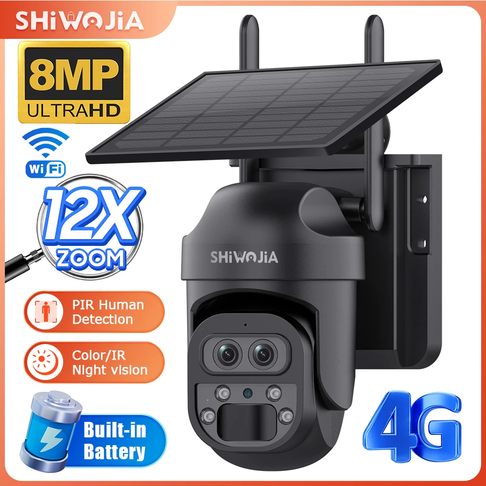 

SHIWOJIA 8MP 12X Zoom 4G Sim Solar Powered Camera WIFI Wireless Dual Lens Outdoor Auto Tracking Security Camera PIR Detection