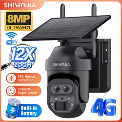 SHIWOJIA 12X Zoom 4G LTE Solar Security Camera 8MP Night Vision Dual-Lens Outdoor WiFi Solar Battery Camera PIR Human Detection