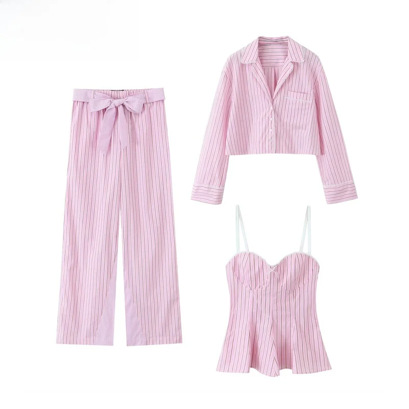 

ZBZR Spring New Women's Faion Striped ort irt Vest Casual Pants Set Polyester Fiber Long Sve Button Closure