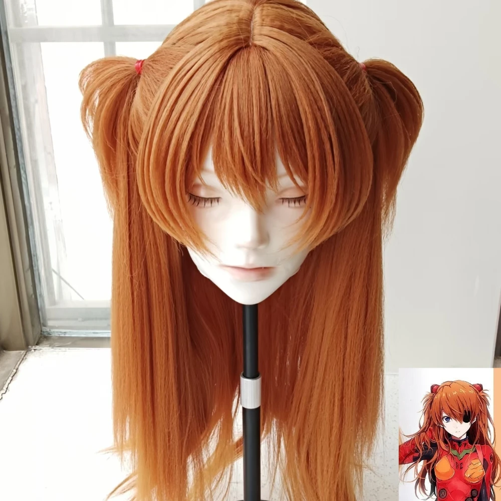 Asuka Cosplay Wig Long Hair with Claw Clip Double Ponytails Rose Net Inner Cap Heat Resistant Synthetic Fiber Wig for Halloween