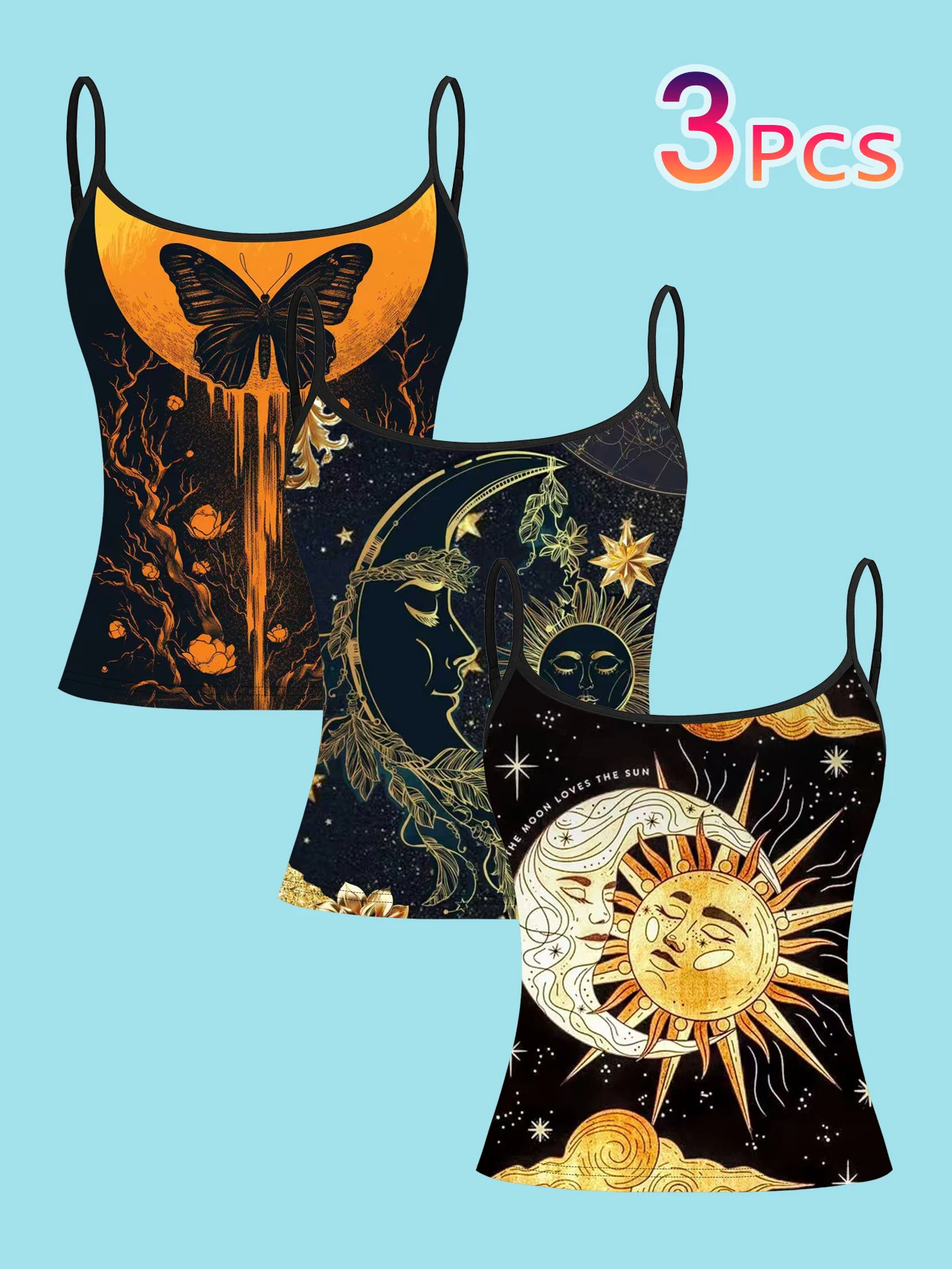 3-Piece Set of Vintage Occult-Themed Sun and Moon Butterfly Print Spaghetti Strap Tank Tops, Celestial Astrology Style Bohemian Star and Moon Face Slim Fit Sleeveless Tops, Dark Style Inner and Outer Wear Base Layer Shirts