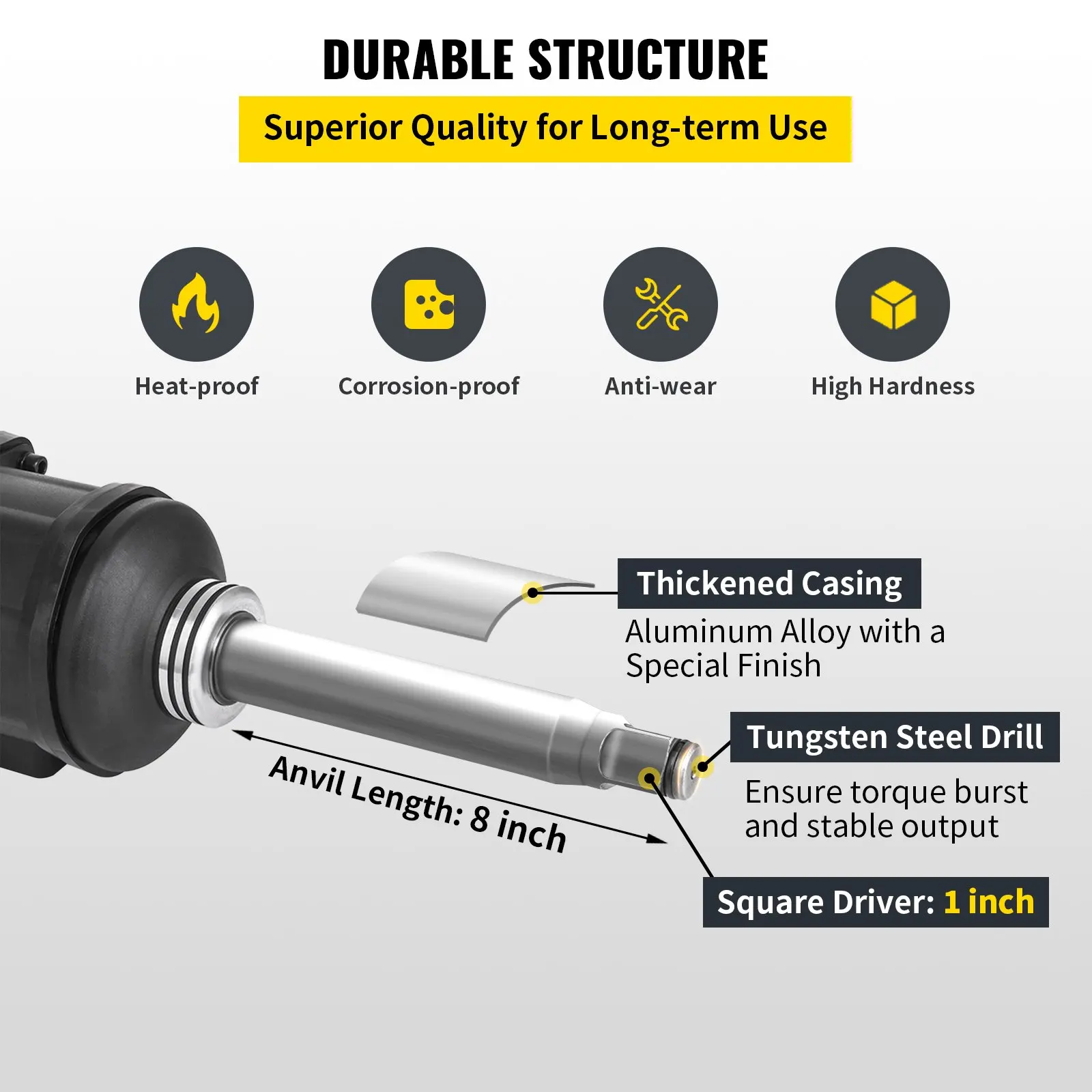 Air Impact Wrench 3800N.m Pneumatic Long Nose Twin Hammer Air Wrench For Trucks Tires Removal And Heavy-Duty 1\'\' Square Drive