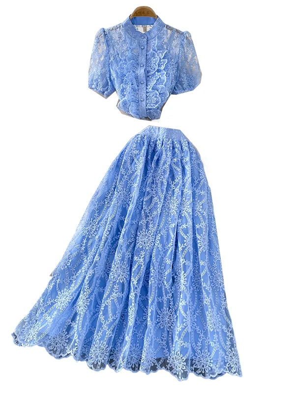 Комплект Ele Lace Wood ain с воротником-стойкой и высокой талией, утягивающая тюлевая юбка феи с вышивкой, модная женская одежда...