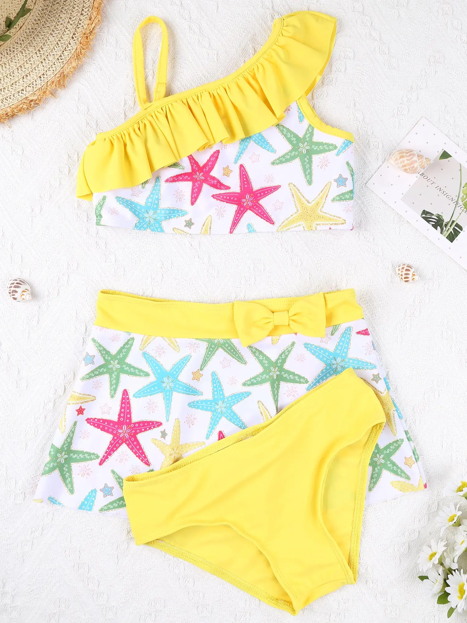 3Pcs Kids Girls Swimming Suit Ruffled Swimwear Floral Print Crop Tops Skirt Briefs Swim Set for Beach Pool Swimsuit Bathing Suit