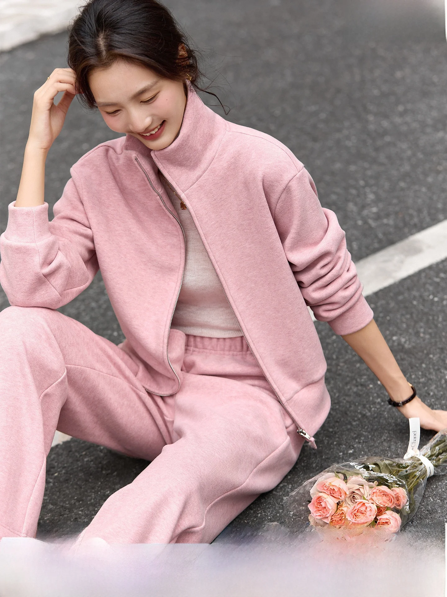 

Women's Fce Lined Casual Sweatirt Set Zipper Top And Straight Leg Pants Two Piece Suit Warm Faionable Winter Outfit