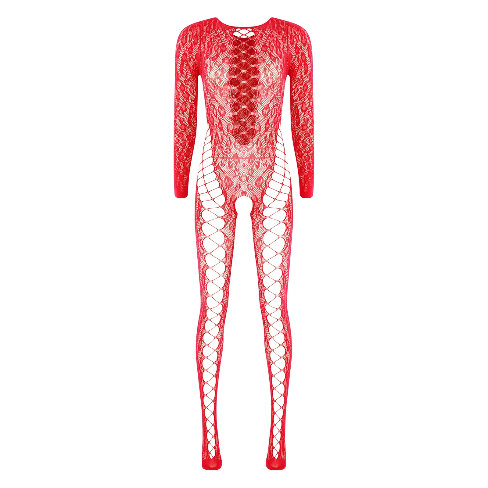 

Womens Lingerie Transparent Bodysuit Underwear Long Sleeve See Through Fishnet Sexy Crotchless Footed Jumpsuit Bodycon Unitard