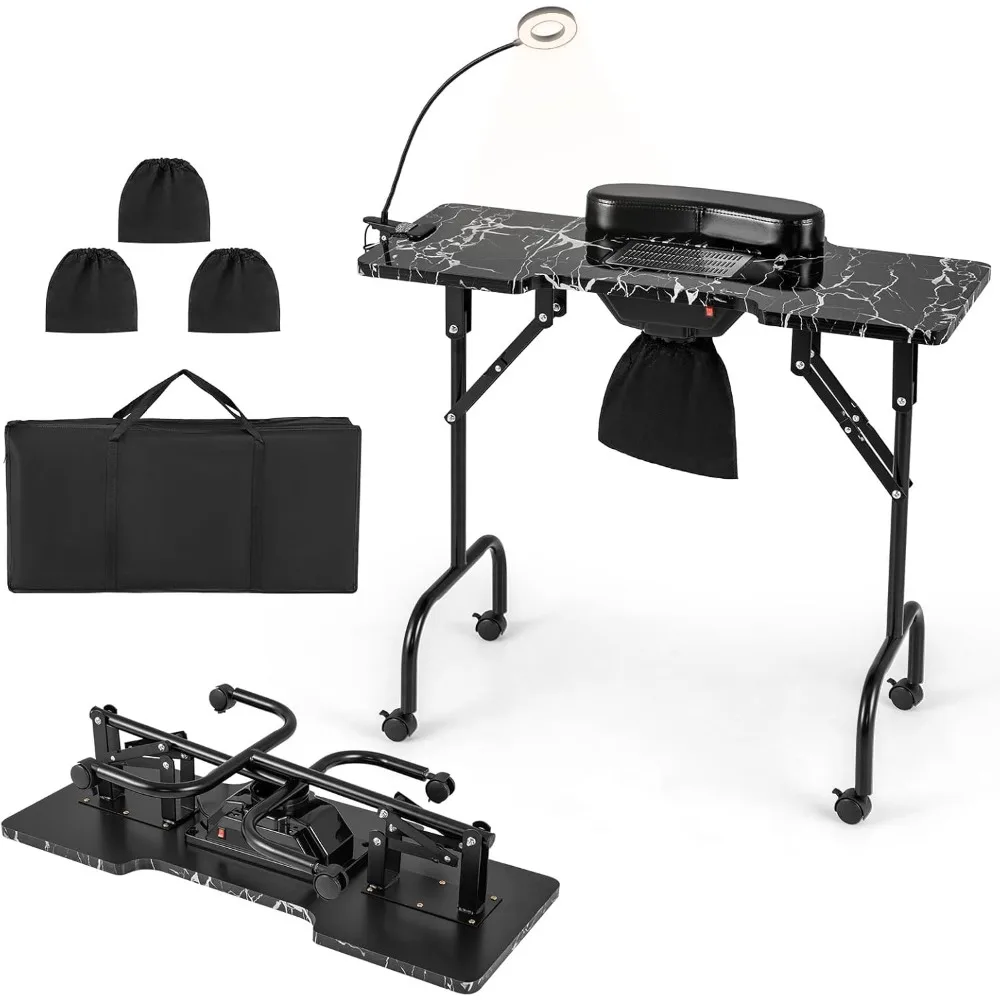 طاولة مانيكير للأظافر، محطة عمل صالون الأظافر قابلة للطي مع مجمع الغبار الكهربائي، 3 أكياس غبار، مصباح LED، مسند ذراع قابل للفصل #1