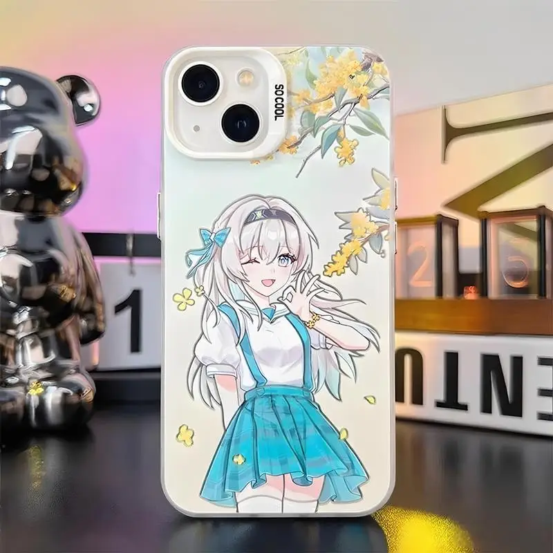 Niedliche Cartoon-Mädchen-Glühwürmchen-Honkai-Star-Schienen-Handyhülle für iPhone 17, 16, 15, 14, 13, 12, 11, Pro Max Plus, Air Mini-Spiel-Mädchen-Abdeckung