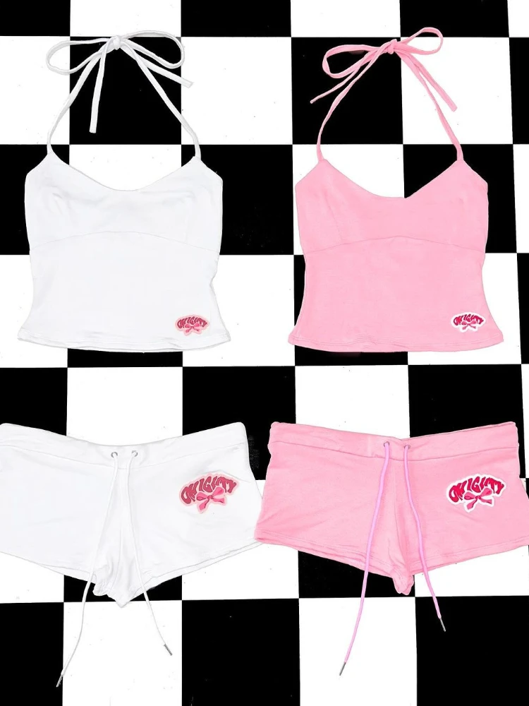 Women 2‑Piece Halter Crop Top And Drawstring Shorts Letter Patch Outfit Y2K Style For Loungewear Daily Street Occasions