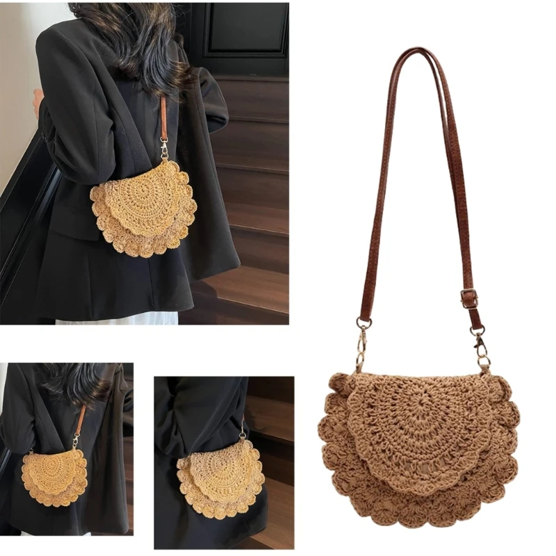 

652F Women's Summer Straw Braided Crossbody Bag with Shoulder Strap Woven Beach Handbag Handmade Wallet Purse Shoulder Bags