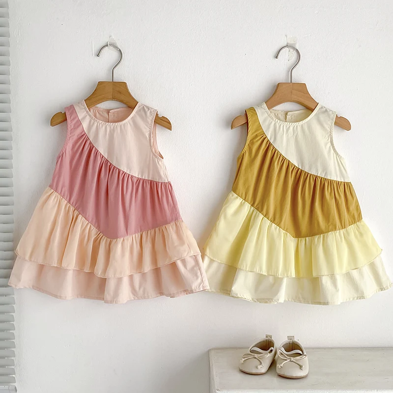 1-6Yrs Kinder Kleid Sommer Kleider Baby Mädchen Ärmellose Kinder Spleißen Farben Kleidung Urlaub Kleider Koreanische Kleidung