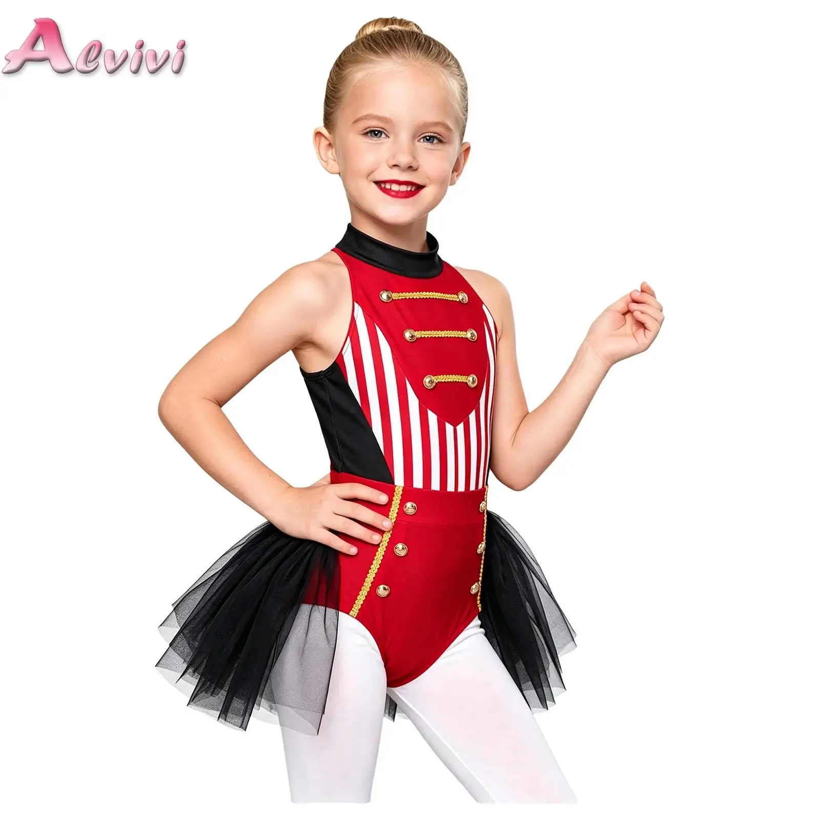 Kids Girls Circus Ringmaster Costume Halter Sleeveless Cutout Back Gold Trim Color-blocked Tulle Skirted Leotard for Theme Party