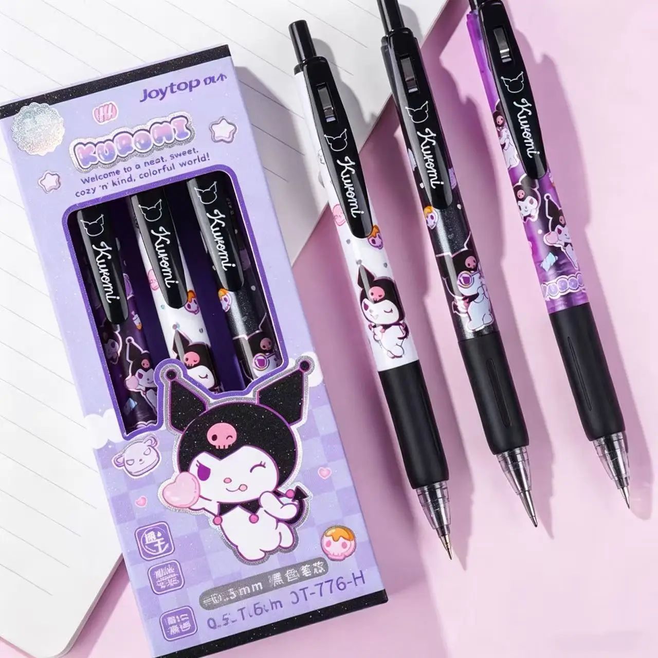 (3 Stück/Set) Sanrio Kuromi Gelstift Glatt Schreibender Schnelltrocknender Schwarzer Tintenstift Niedlicher Anime-Stift als Geschenk für Mädchen