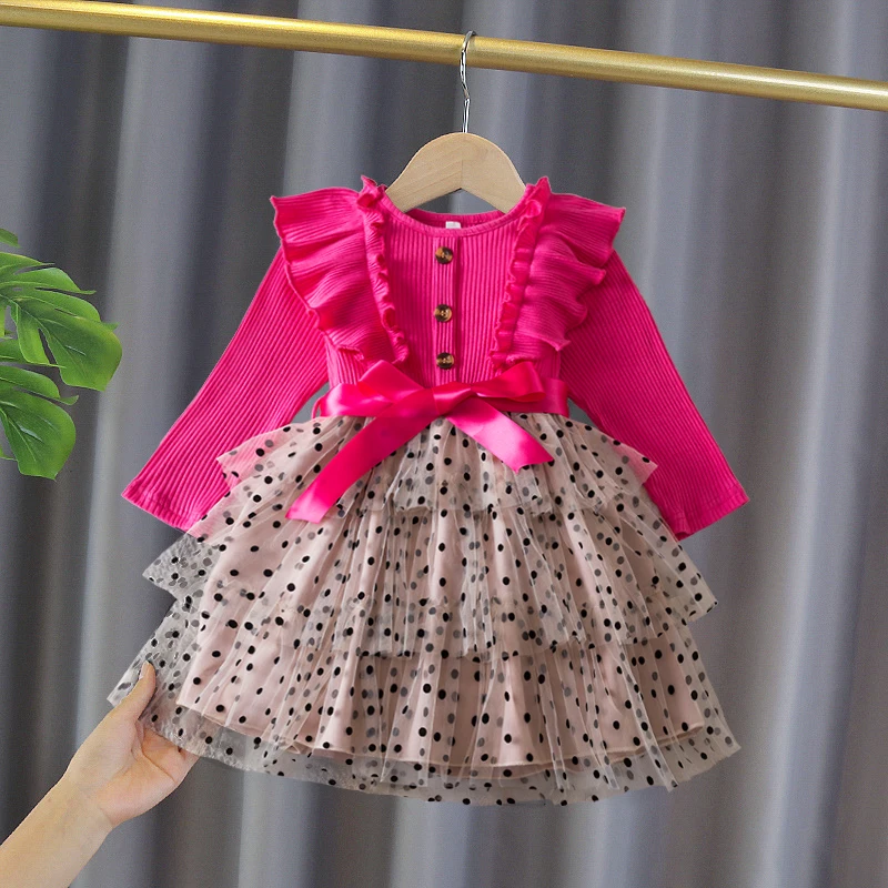 Autumn Winter Children's Clothing Girl Baby Polka-Dots Knitted Long Sleeves Dress Mesh Fashion Kids Knit Casual Princess Dresses