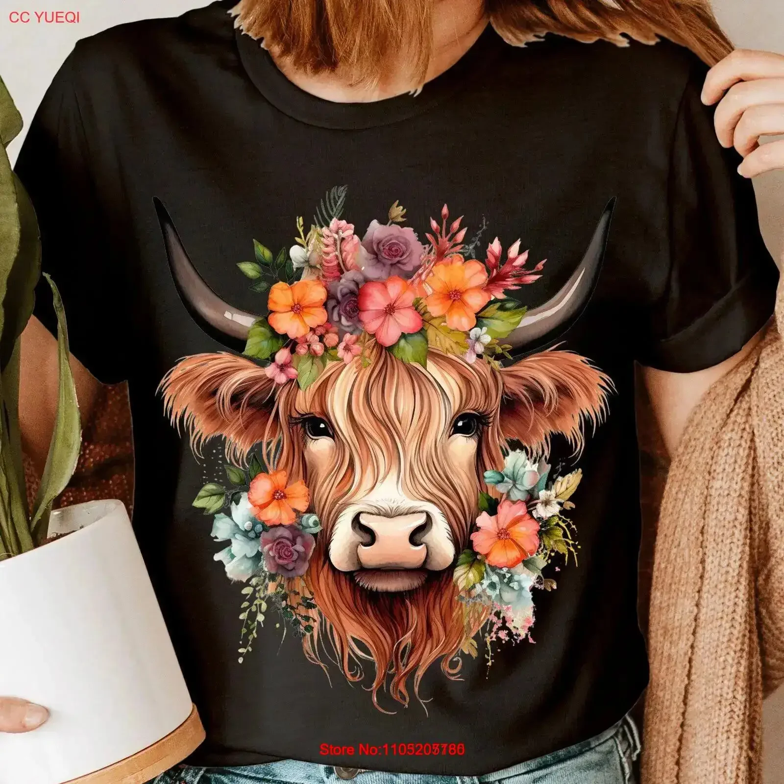 Highland Cow Sunflower Floral Milk Farm Scottish Funny Womens T Shirt Top 6ED vintage Washed streetwear homme Stretched Casual #1