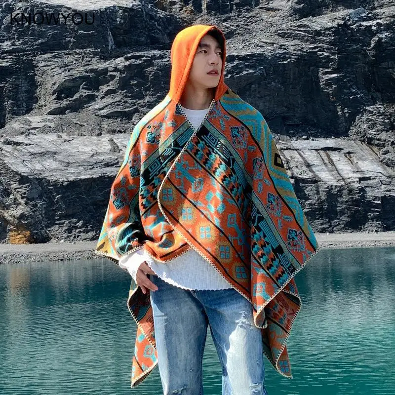 Autumn Winter New Shawls Men Ponchos Cashmere Blend Cape Reversible Jackets Thicken Hooded Echarpes Blanket Luxury Scarf