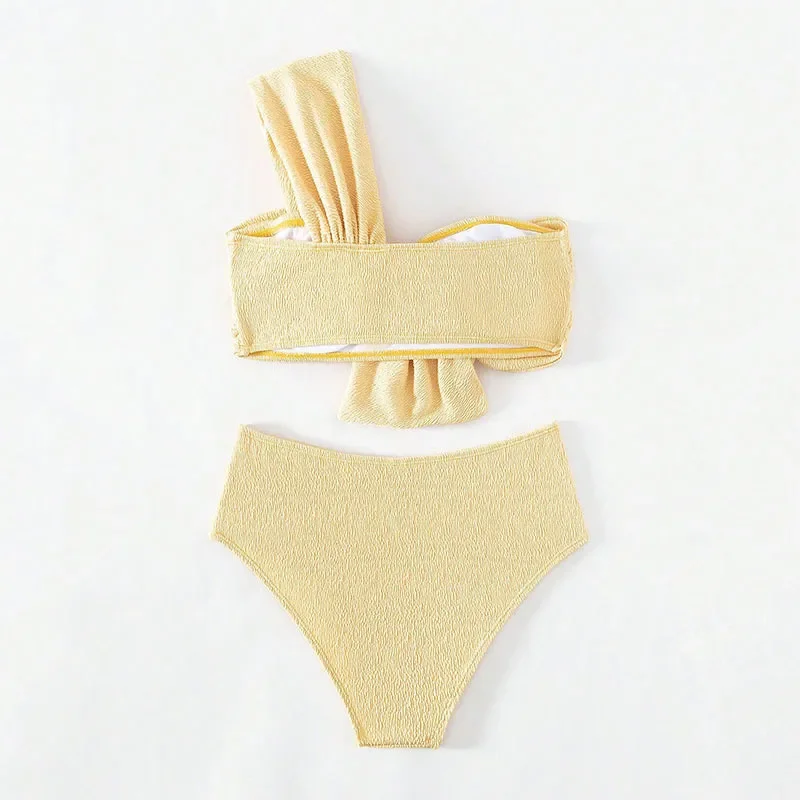 Amarelo biquíni de duas peças definido para as mulheres, sexy maiô de duas peças, bandeau, cintura alta, ruched, roupas de praia