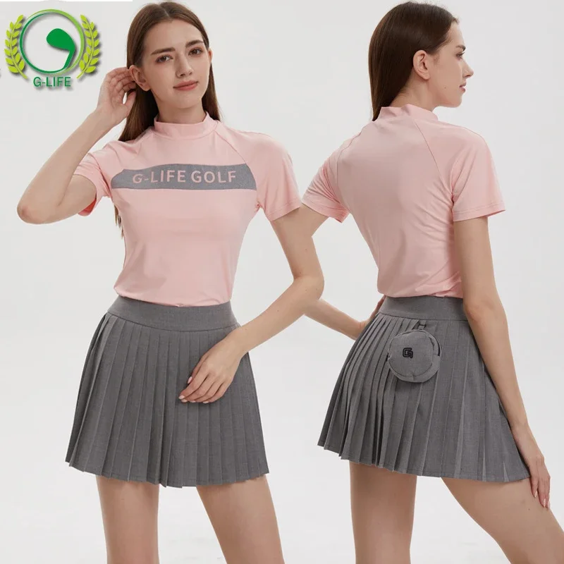 

G-Life Golf Jerseys Women Short Sleeves Shirt Summer Round Neck Leisure Tops Ladies Pleated Retro Skirt Anti-exposure Golf Skirt