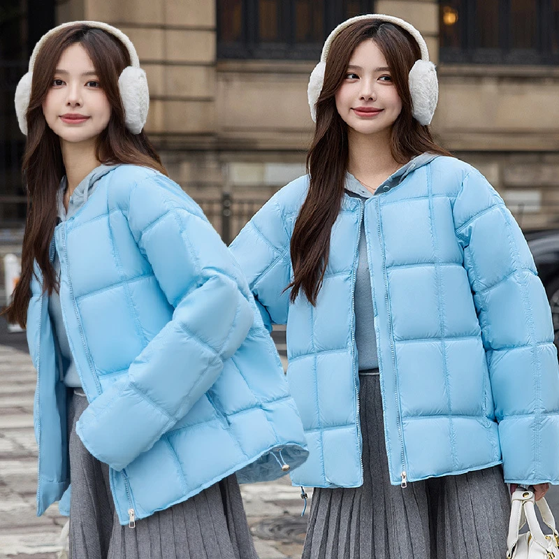 

Winter 2025 New Korean Version Loose Round Neck Stereo Embossing Plaid Down Cotton Padded Jacket Coat Long Sleeve Women's Parkas