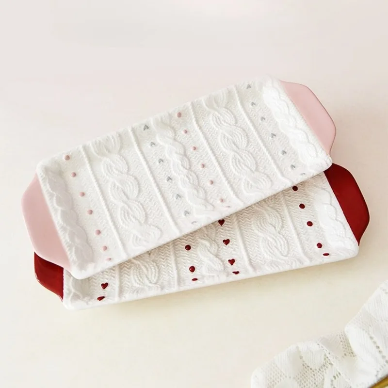 Creative Knitted Sweater Pattern Rectangular Ceramic Plate Handle Fish Plate Ceramic Tableware Kitchen Western-style Flat Dish