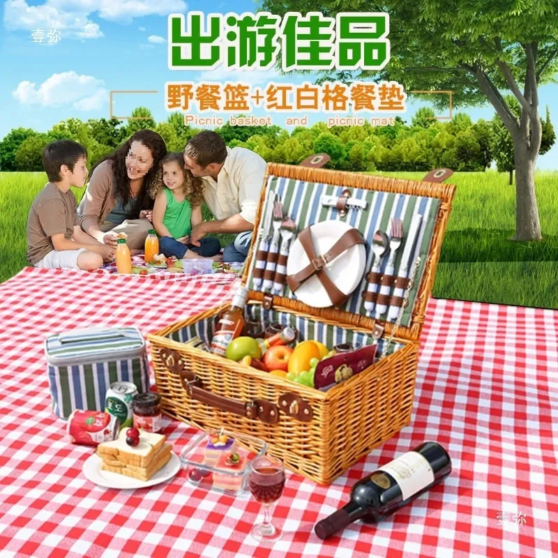 Handmade Red White Plaid Rattan Picnic Basket Willow Woven Handbag Outdoor Spring Outing Photo Prop Portable Storage Box