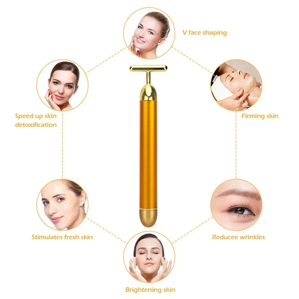 しわのないマッサージスティック,24k,ゴールド,フェイスリフト,ローラー,振動,フェイシャルビューティー,スキンケア,振動ツール,バー,1個