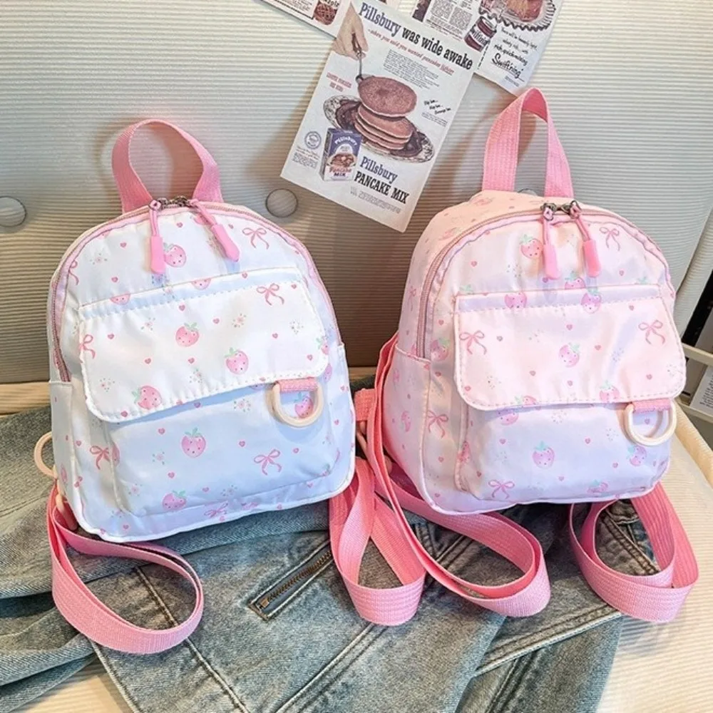 Casual Lightweight Mini Backpack Strawberry Polyester Bowknot Printed Bag Simple Nylon Daypack Outdoor