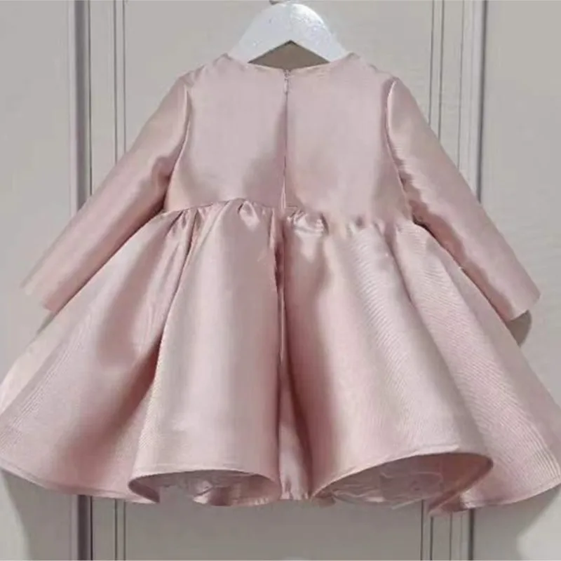 Baby Girl Princess Silk Pearl Dress Long Sleeve Infant Toddler Child Vintage Bow Vestido Party Pageant Birthday Clothes 1-14Y