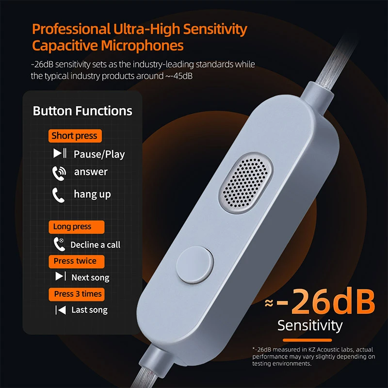 كابل KZ M2 من النوع C بميكروفون مزدوج مطلي بالفضة ترقية كابلات سماعات الأذن مع ضبط EQ سلك IEM لـ ZSN EDX ZS10 PRO X Castor D-Fi ZVX