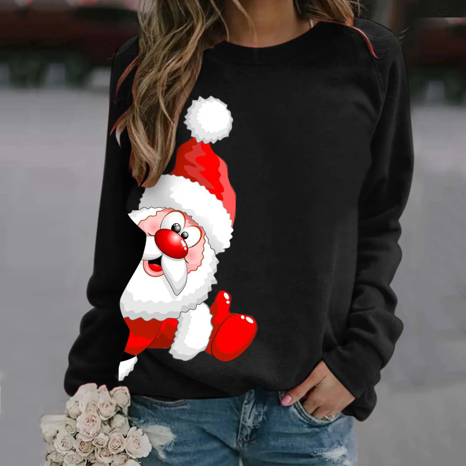 Print Santa Claus Women\'s Christmas Sweatshirts Top Long Sleeve Crew Neck Pullover Sweatshirt Merry Christmas Female Clothes