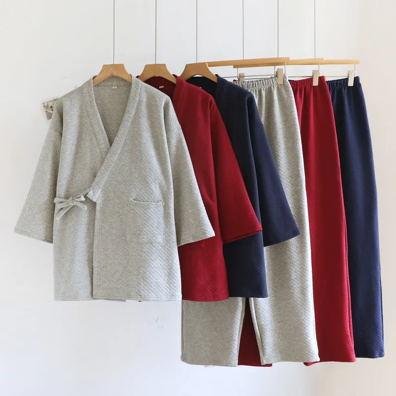 Autumn Winter Japanese Pajama Sets Male 100% Cotton Velvet Robe Sets Boxer High Quality Kimono Robes Men Comfortable Home Hombre