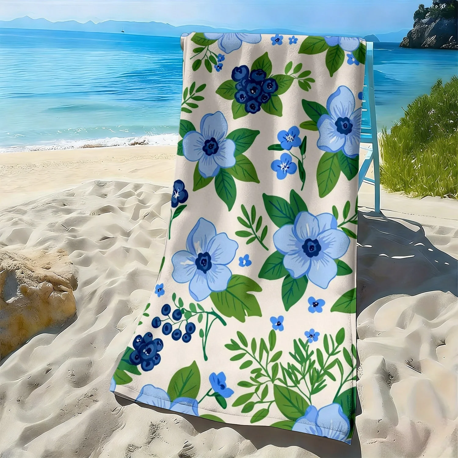 Fresh floral blue and green leaf pattern polyester microfiber beach towel is highly absorbent, suitable swimming beach outings
