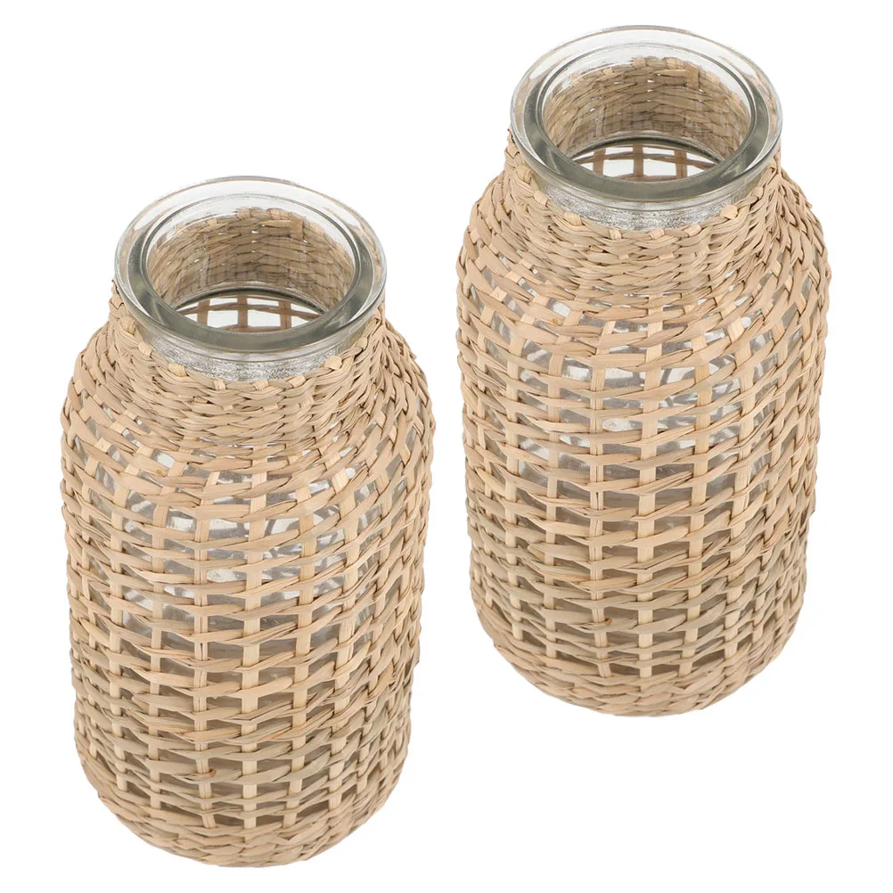 

2Pcs Grass Woven Glass Dried Flower Vase Japanese Inspired Rustic Decorative Vase Functional Plant Holder for Home Desk