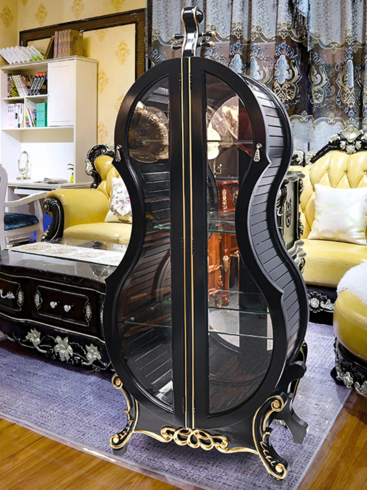 Violin wine cabinet solid wood carving flower glass double door living room display