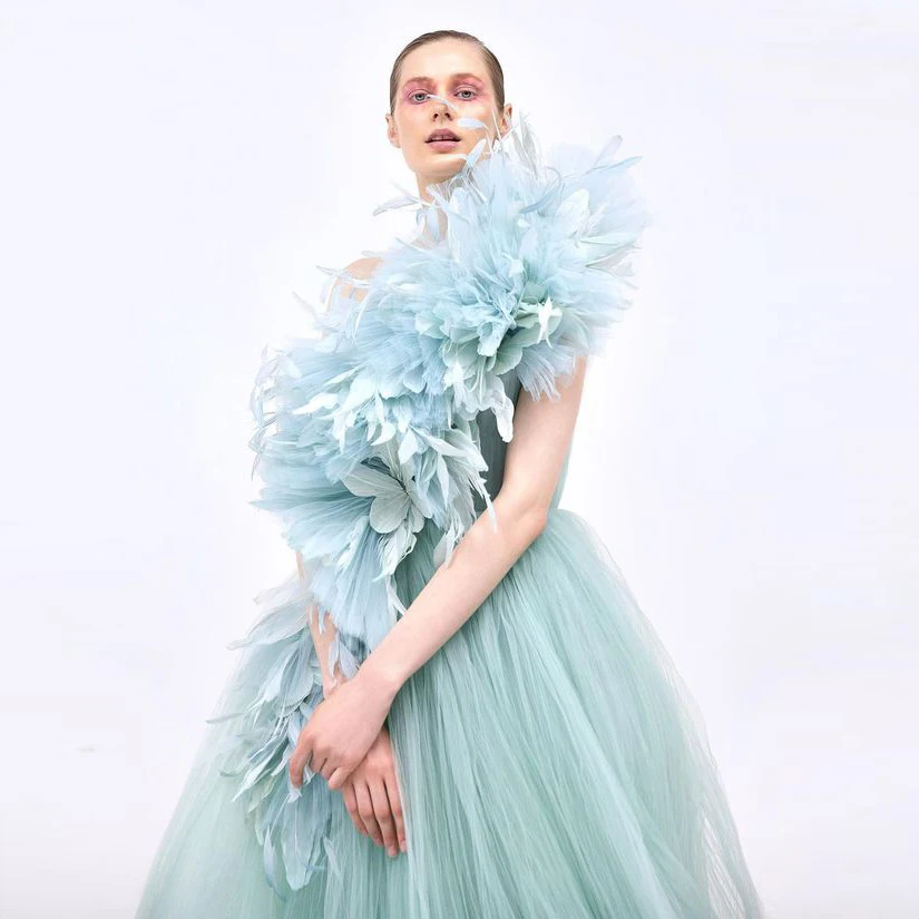 Fairy Moon Blue Tulle Party Dresses Feather vestido de noche Butterfly Prom Gowns One Shoulder Long Lush Formal Evening Gown