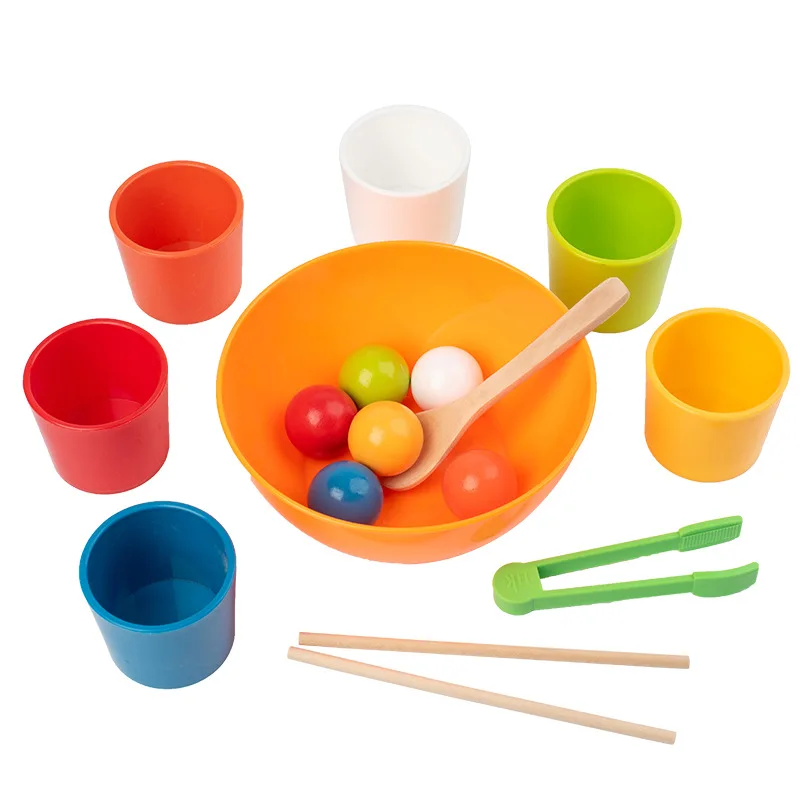 Bola y taza Montessori para niños, rompecabezas de juguete, clasificación cognitiva de Color, herramienta de enseñanza de iluminación para bebés, cuentas con Clip