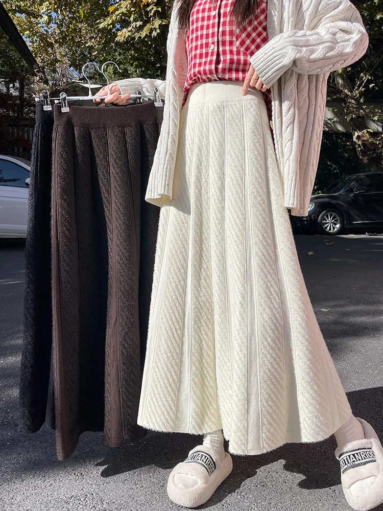 SMTHMA جديد الخريف الشتاء فرو المنك تقسم محبوك تنورة للنساء لينة عالية الخصر ألف خط كبير سوينغ متماسكة تنورة طويلة