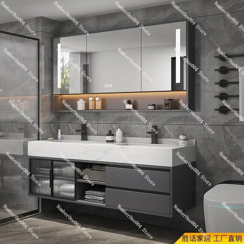 Luxury Bathroom Mirror Cabinet Double Basin Slate Integrated Ceramic Washbasin Bathroom Vanity Sink Cabinet Bathroom Furniture