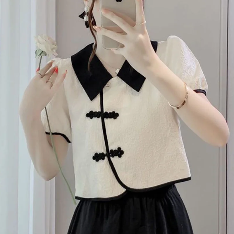 2024 New Summer Chinese Style Loose Casual Office Lady Retro Women\'s Shirt High Waist Lapels Short Sleeve Aesthetic Chic Tops