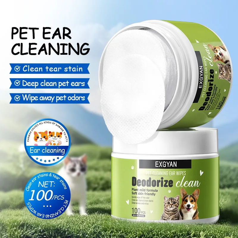 Lingettes nettoyantes pour oreilles d'animaux 100 pièces avec extrait de camomille, acide salicylique et aloès, éliminent le cérumen et les taches de larmes pour chiens et chats