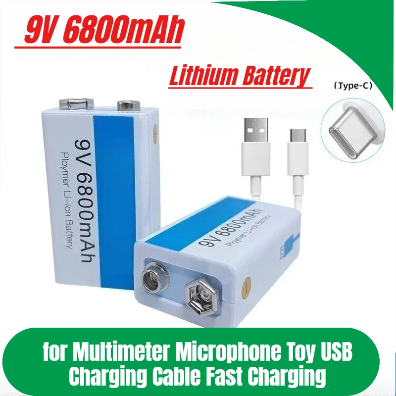 

9V 6800mAh Rechargeable Lithium Battery Type-C for Multimeter Microphone Toy USB Charging Cable Fast Charging
