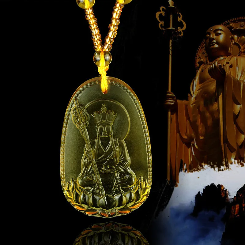 Buddha Guardian Gods Pendant Necklace For Women Men Carved Yellow Stone Amulet Necklaces Jewelry Amitabha Buddha Pendant Jewelry