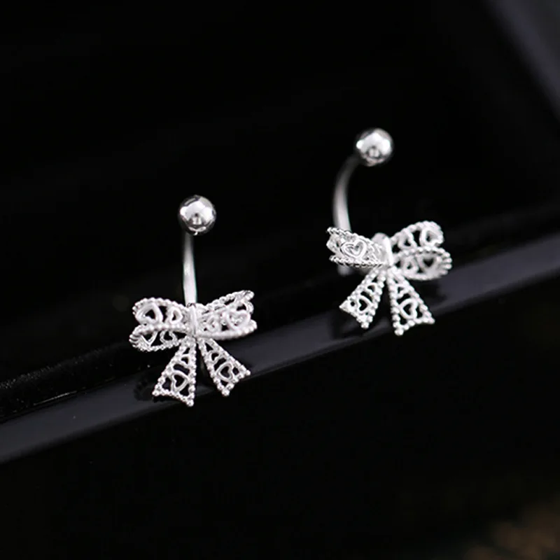 Real 925 Sterling Silver Lace Heart Hollow Bow Screw Buckle Puncture Stud Earrings for Women Fine Jewelry Minimalist Accessories