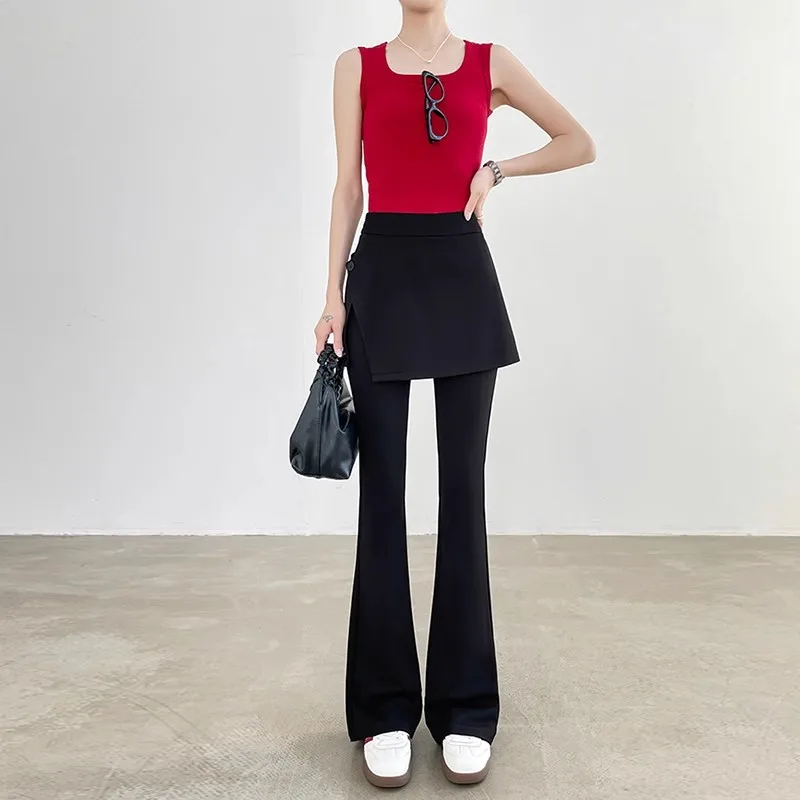 Black Casual Pants Skirt Two-Piece Set Women's Summer New Style Mid-Rise Flared Leggings Korean Style Polyester Cotton Blend